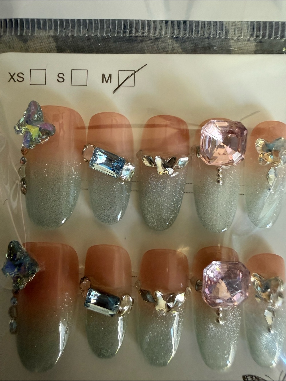 Handmade Ombre Gray and Pink Crystal Press-On Nails